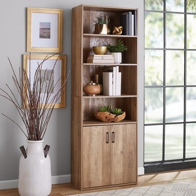 SALE NOW Mainstays Traditional 5 Shelf Bookcase with Doors, Weathered Oak Finish