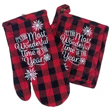 Christmas Wonderful Time Potholder Set, Kitchen Cooking Oven Mitt & Pot Holder