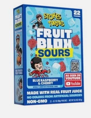 22 PACKS! NEW! FruitBlox Stokes Twins Sour Fruit Snacks, Blue Raspberry & Cherry