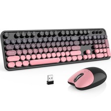 Wireless Keyboard and Mouse Combo, 2.4 GHz Full-Size Retro Round Keyboard and...