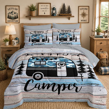 7Pcs Happy Camping King Comforter with Sheet Set for Room Decor. | Camouflage Ca