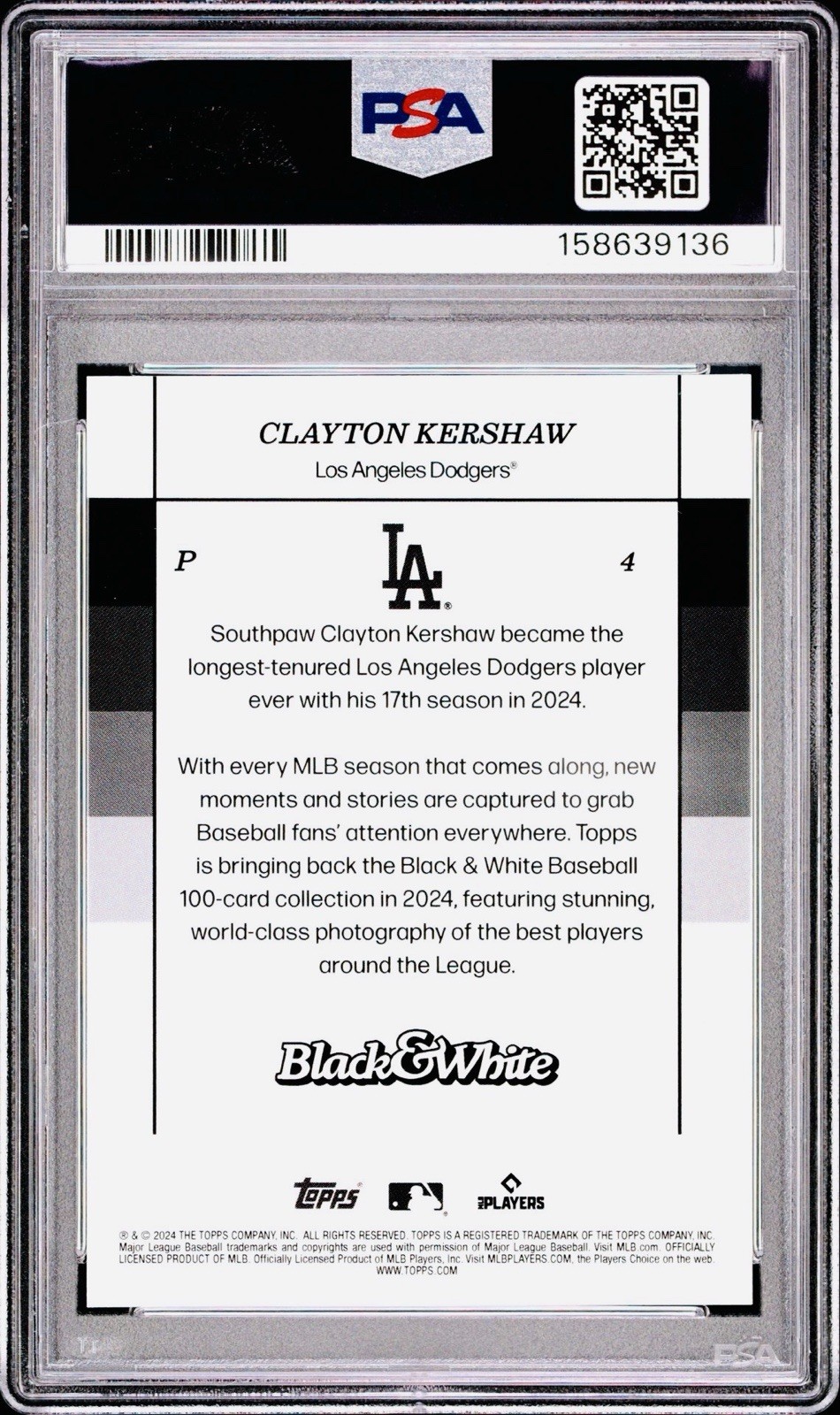 2024 Topps Black and White Clayton Kershaw #4 PSA 10 Gem Mint Dodgers view 2