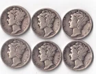 Lot of Six Mercury Dimes-1927, 1935, 1937, 1939, 1943 , 1945S Good Condition