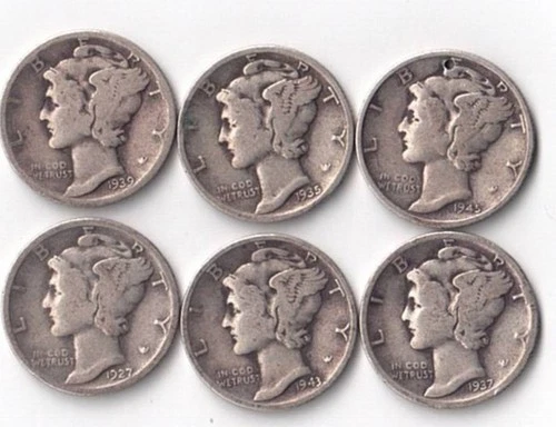 Lot of Six Mercury Dimes-1927, 1935, 1937, 1939, 1943 , 1945S Good Condition
