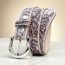 White Womens Western Leather Belt Floral Tooled Cowhide Handmade Cowgirl 1.5"