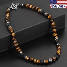 8mm Natural Stone Tiger Eyes Lava Bead Necklace Stainless Steel Beaded Charm Cho