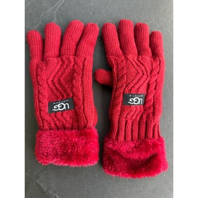 UGG Australia Red Cable Knit Gloves W. Faux Fur Trim Logo Patch Winter Accessory