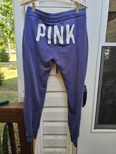 VS Pink Joggers Spellout Logo On Butt Blue Sz Small Y2k Lightweight Dog Cuffed