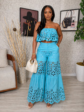 Turquoise Lace 2 Piece Set Crop Top Pants Vacation Beach Resort Outfit L