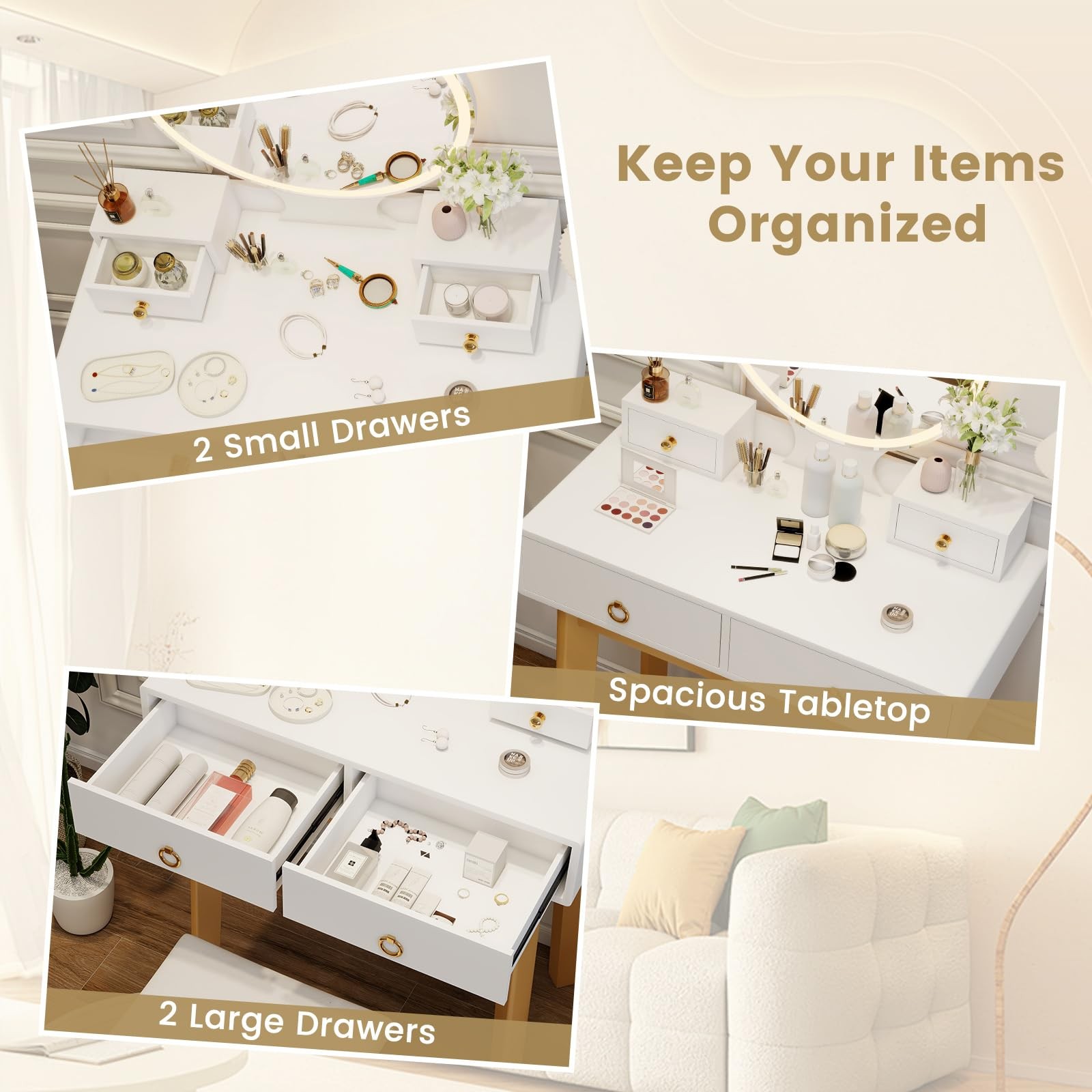  Makeup Vanity Desk with Mirror & Lights, Dressing Table and Chair Set 