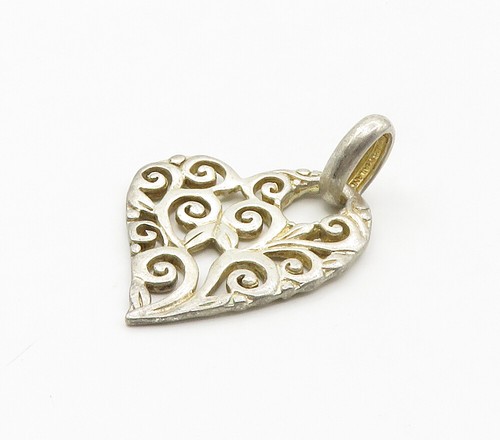 925 Sterling Silver  Vintage Swirl Floral Vine Love Heart Pendant  PT12850 - Picture 4 of 5