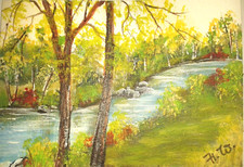 Aquarell kleines Original-Gemälde Landschaft Fluß Künstler Malerei