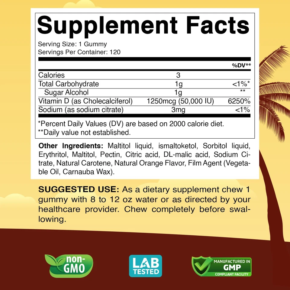 Sugar Free Vitamin D3 50,000 IU Weekly Supplement 120 Vegetable Gummies - Image 4 of 4