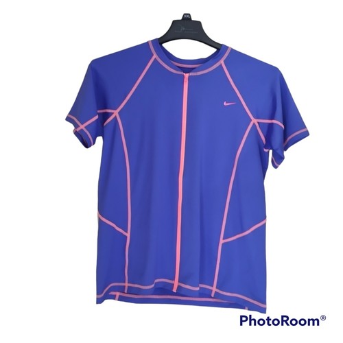 Nike Rash Gaurd Full Zip Athletic Radfahren Schwimmen Kurzarm Neon Trim Shirt