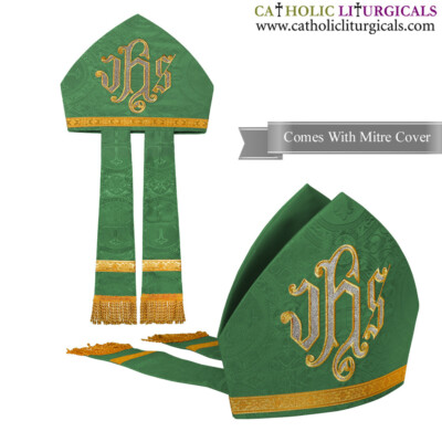 New Green Mitre with IHS embroidery,mitra,Bishop's Mitre, New