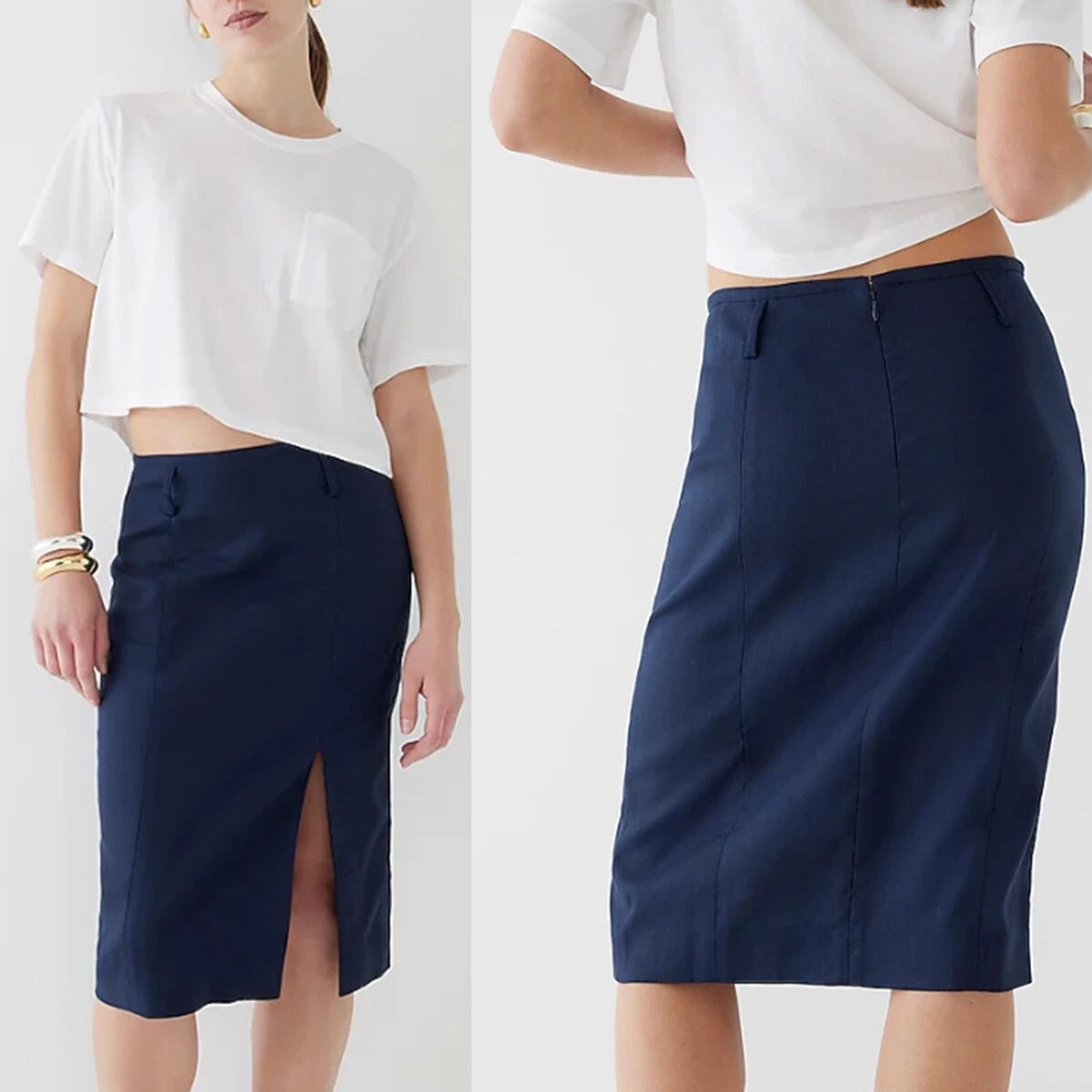 J Crew NWT $138 Sexy Stretch Linen Front Slit Midi Pencil Skirt in Navy | Sz 4