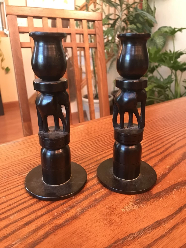 STUNNING CARVED HARD WOOD Dark Brown ELEPHANT CANDLESTICK HOLDERS Vintage - Image 3 of 4
