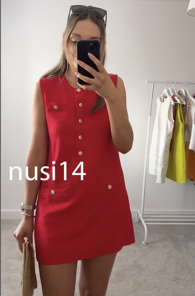 ZARA NEW WOMAN SHORT PLAIN KNIT DRESS GOLD BUTTONED RED S-XL