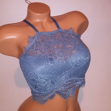 Victoria Secret PINK Bralette Small D-DD Blue High Neck Push Up Allover Lace