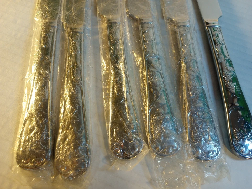 6 cuchillos para carne Queens Garden Reed & Barton cubiertos de acero inoxidable brillante Foto 4 de 4