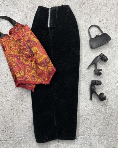 Barbie Clothes Lot #228 Velvet Skirt and Silky Top, Purse, Shoes - Picture 13 of 14