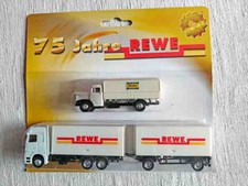 REWE 2 Mini-Truck 050 LKW Mercedes MAN Anh&auml;nger ca. 19 + 9 cm Werbung