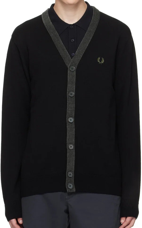 FRED PERRY CHENILLE PLACKET CARDIGAN K6521 102 BLACK NEW WITH TAGS