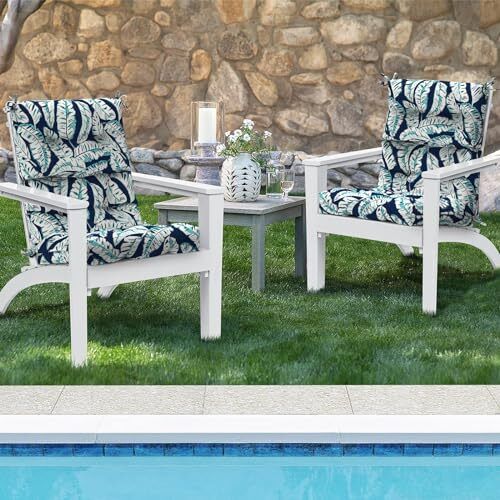 Set of 2 Outdoor High Back Chair Cushions 44"x 22",Water Baltic Palms White - Picture 4 of 7