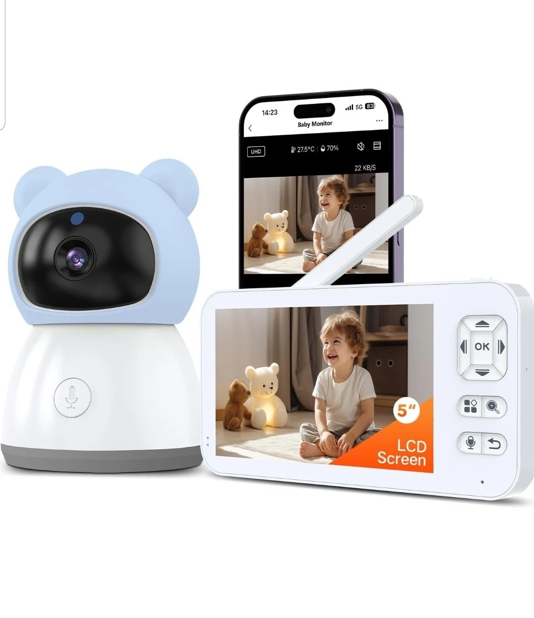 Smart WiFi Video Baby Monitor,2K HD Baby Camera 5" Color Display Remote PTZ