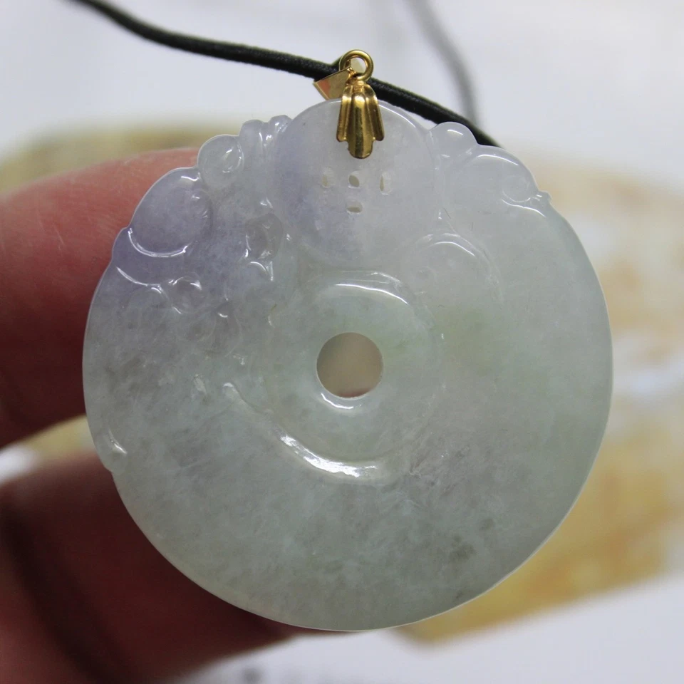Certified Natural Jadeite Grade A Beautiful Icy JADE Carved Dragons Pendant 18K - Image 2 of 4