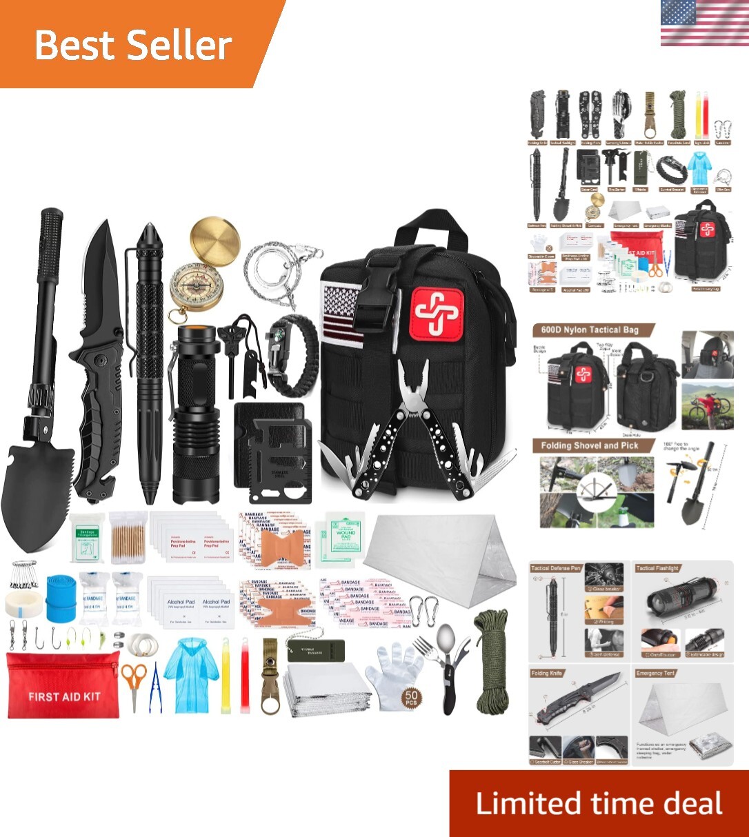 Lightweight 238-Pc Emergency Kit with First Aid & Tactical Gear for Outdoors
