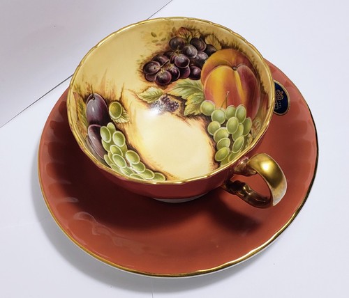 Aynsley Tea Cup & Saucer Fruit Gold & Coral Foil Labels Scalloped Vtg Teacup - Picture 15 of 15