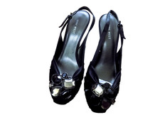 Nine West FAB Black satin sexy Slingback 3.75" Heels Rhinestone medallions 8.5