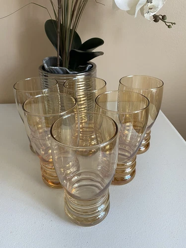 Set Of  6 Amber Yellow Optic Glass Water Tumblers  Depression 10 oz. Vintage