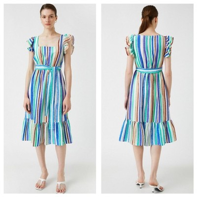 KOTON Green Purple Stripe Midi Dress Sz 8 Ruffle Tiered Nautical Gauze Beachy