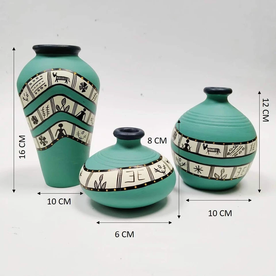 Florero de terracota pintado a mano azul turquesa Warli, juego de 3 piezas decorativas Foto 3 de 4
