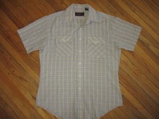 vtg 70s 80s SEARS ABC BRANDD PLAID SHIRT Button Yellow Blue Short Sleeve MEDIUM