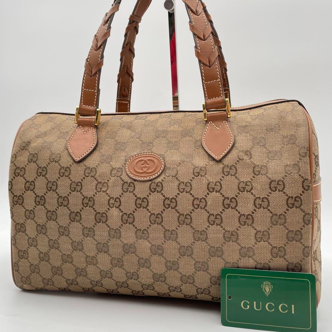 Gucci GG Interlocking Boston Bag in Beige Brown Canvas and Leather