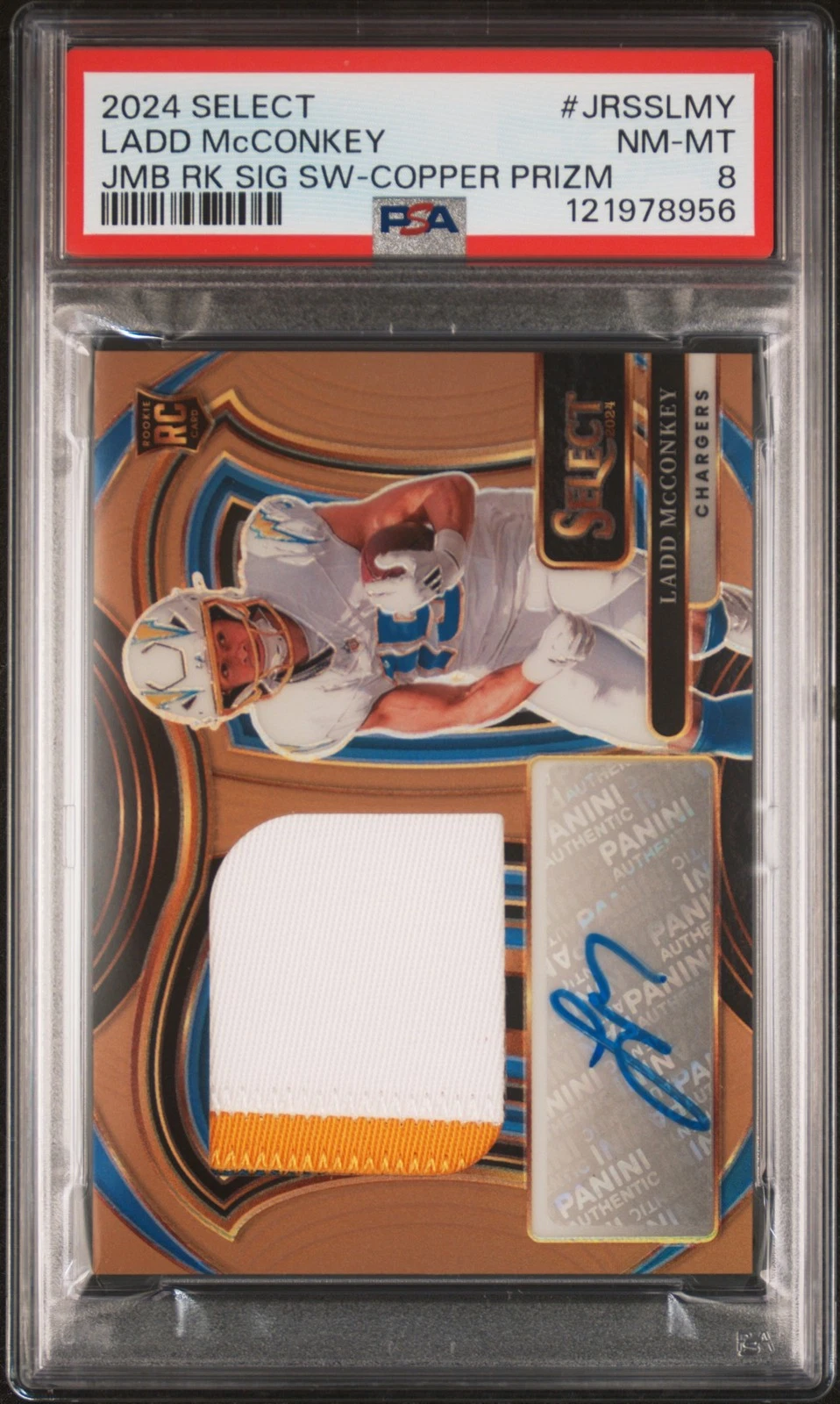 Ladd McConkey Panini Select Jumbo Rookie Signature Swatches #JRSSLMY Copper Prizm