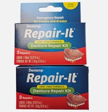 Dentemp REPAIR-It Denture Repair Kit 3 Repairs/Box ( 2 BOXES ) NEW LOOK!!  red