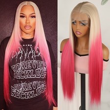 Hot Pink Ombre Platinum Blonde Color Lace Front Wigs Long Straight Hair Party