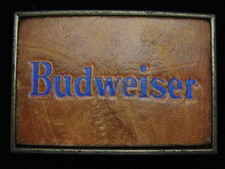 PL11144 VINTAGE 1970s BUDWEISER ANHEUSER-BUSCH BEER LEATHER BELT BUCKLE