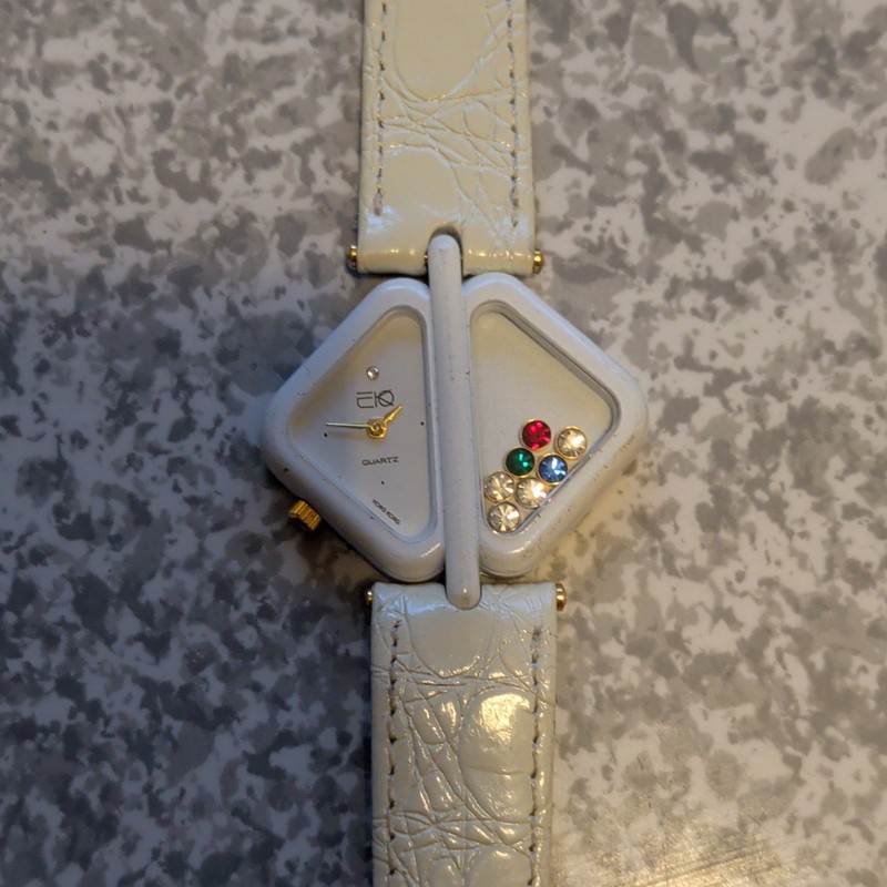 EKO Women’s Quartz Analog Watch White Dial Leather Strap Rhinestone Accent