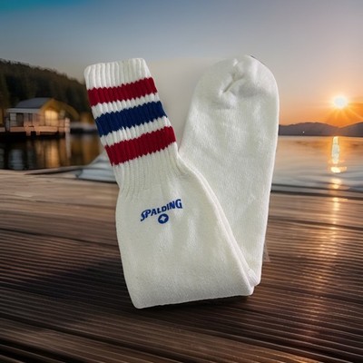 VTG Spalding Warm Up Tube Socks 21  Striped Navy Blue White Red NEW 70s USA