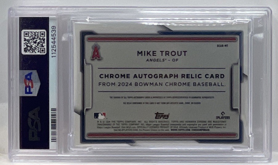 Mike Trout 2024 Bowman Chrome #BCAR-MT Chrome Auto Relic #24/49 PSA 8 Angels SSP view 2