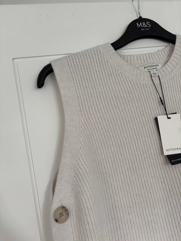 AUTOGRAPH M&S WOMENS CREAM WOOL CASHMERE SLEEVELESS KNITTED JUMPER Size L 16-18 - Image 2 of 4