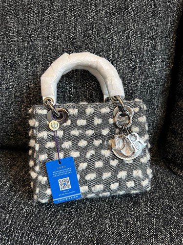 AUTH Dior Mini Lady Dior Black White Heart Jacquard Canvas Crossbody Bag