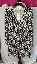 Mango Women’s L Black White Geometric Jersey Dress V-Neck Long Sleeve