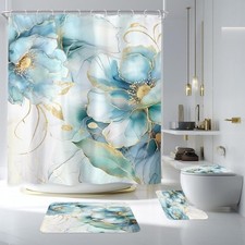 4Pcs Marble Teal Blue Shower Curtain Set 72"W x 72"L Pack of 4 A-teal Blue