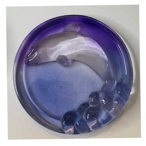 xVintage Art Glass Dolphin Dish Blue Purple Lavender Coastal Decor Paperweight